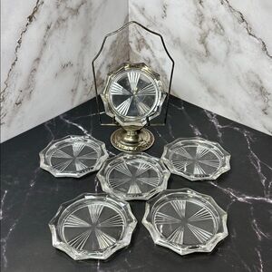 Vintage French Glass Coaster Set with Ornate Metal Holder•Sunburst Cut • France